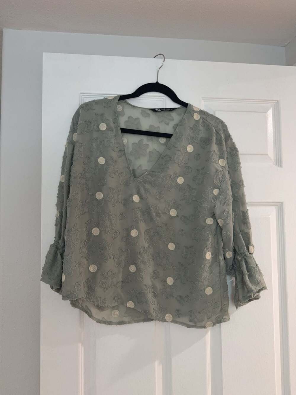Zara Sage Green Floral Textured V-Neck Blouse